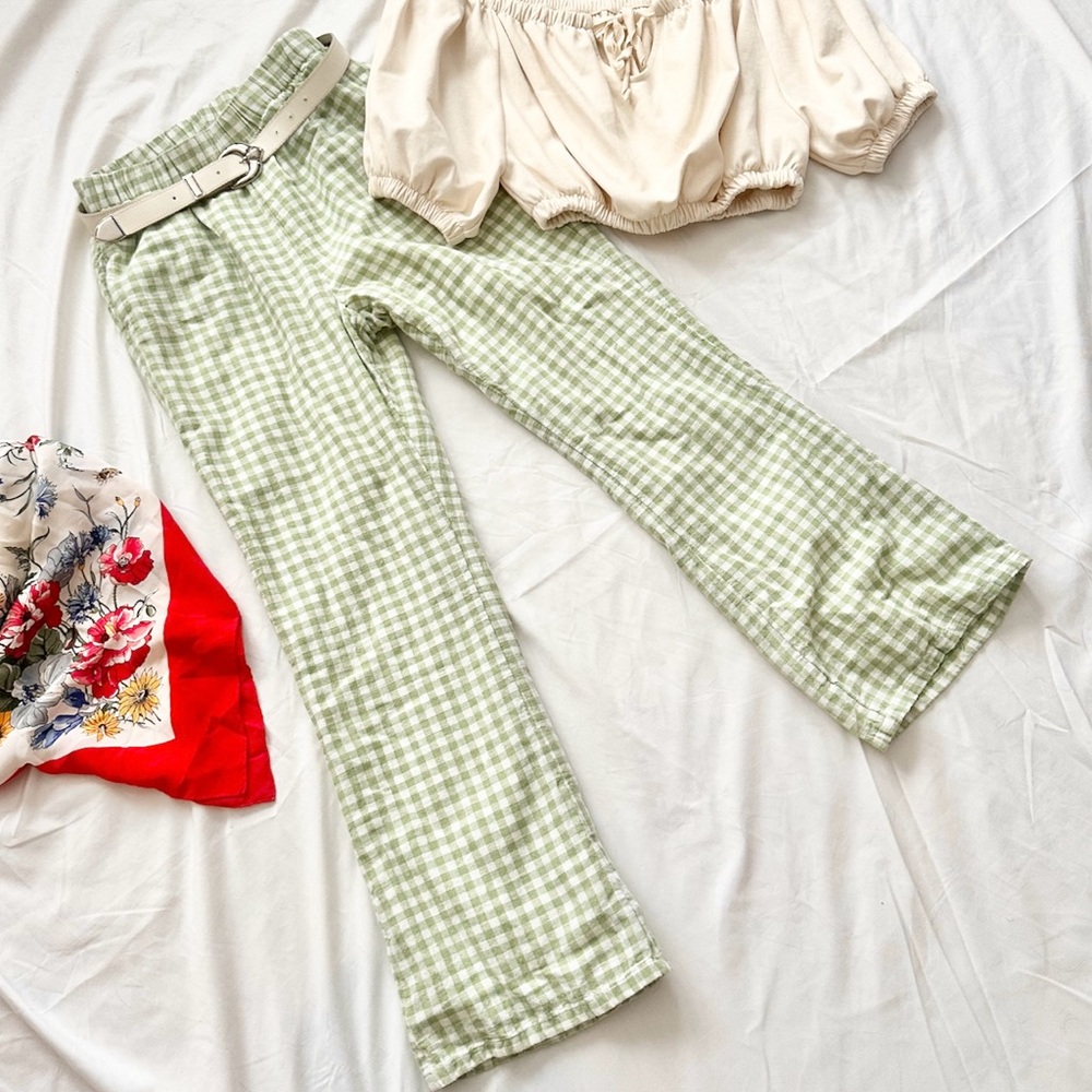 American Eagle Outfitters Green Gingham Linen Blend Pants